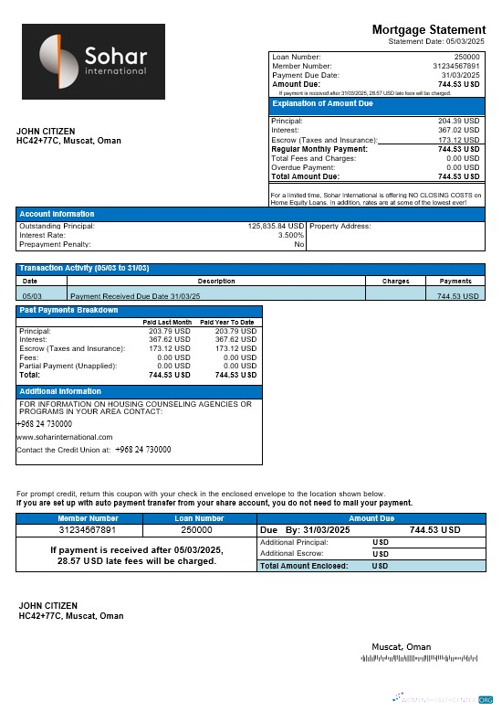 Download Omani Sohar International mortgage statement in Word and PDF formats Photoshop template